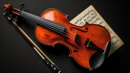 Fototapeta na wymiar a violin accompanied by its bow and sheet music, elegantly poised on a black background, with clean lines and natural shadows enhancing its ultra-detailed craftsmanship.