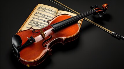a violin accompanied by its bow and sheet music, elegantly poised on a black background, with clean lines and natural shadows enhancing its ultra-detailed craftsmanship.