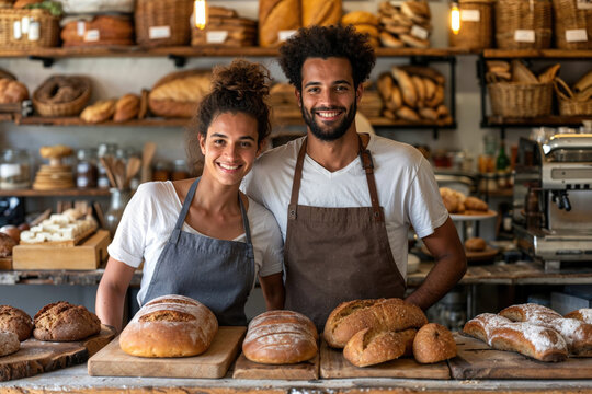 Cheerful bakery owners presenting homemade bread loaves