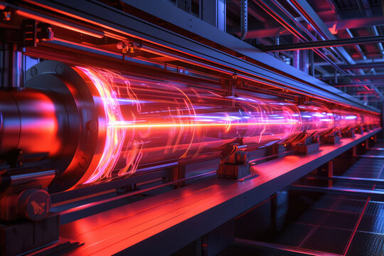 A mesmerizing fusion of red and blue energies surges through a particle accelerator, the backbone of experimental physics and advanced scientific exploration.