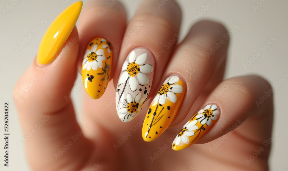 Wall mural vibrant yellow daisy nail art on bright nails with modern design