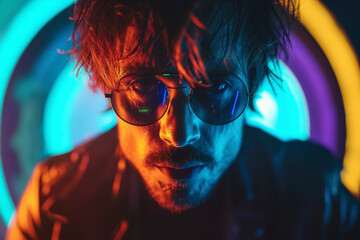 Intense Man with Neon Colors and Dark Background.
Intense gaze of a man with neon lighting and shadows creating a mysterious atmosphere.