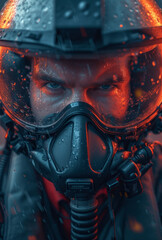Fototapeta premium Portrait of serious pilot in protective helmet and oxygen mask