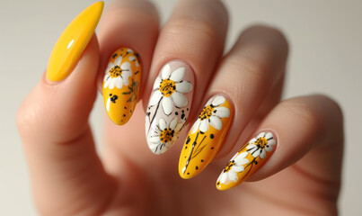 vibrant yellow daisy nail art on bright nails with modern design
