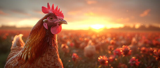 Hens and roosters in field at sunset. Group of chickens stand in a field during sunset - obrazy, fototapety, plakaty
