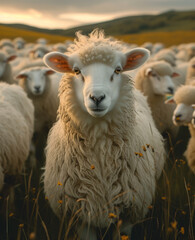 Fototapeta premium Sheep stares at the camera in field of sheep. All of the sheep are white, in the style of vibrant stage backdrops
