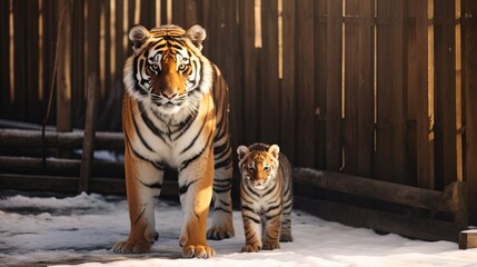 Mother Tiger and Her Baby Walking in the Snow