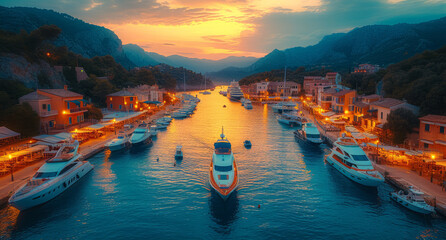 Yachts and boats in the bay at sunset Kotor Montenegro - obrazy, fototapety, plakaty