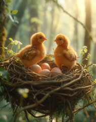 Two little chickens and egg in the nest in the morning. Chickens in a nest of chicken eggs