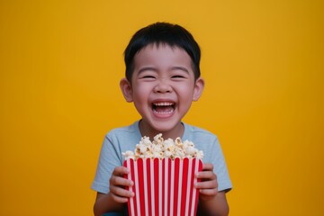 Smiling Asian child boy eating popcorn from big cinema red striped box isolated over yellow background