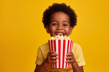 Smiling African American child boy eating popcorn from big cinema red striped box, yellow background
