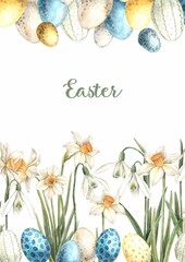 Watercolor Easter composition with text, Easter cakes, eggs and daffodils. Hand drawn illustrations on isolated background for greeting cards, invitations, happy holidays, posters