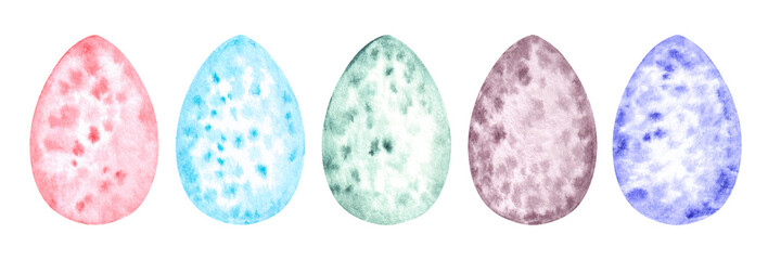 Set collection of isolated multicolored eastrer eggs with watercolor textures with blots,spots and splashes for cards,design,invitations.