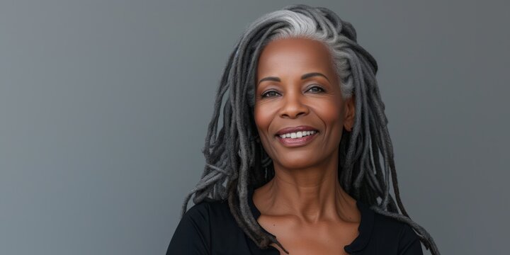 Beautiful elegant mature grey haired middle aged African American woman with perfect skin and smile