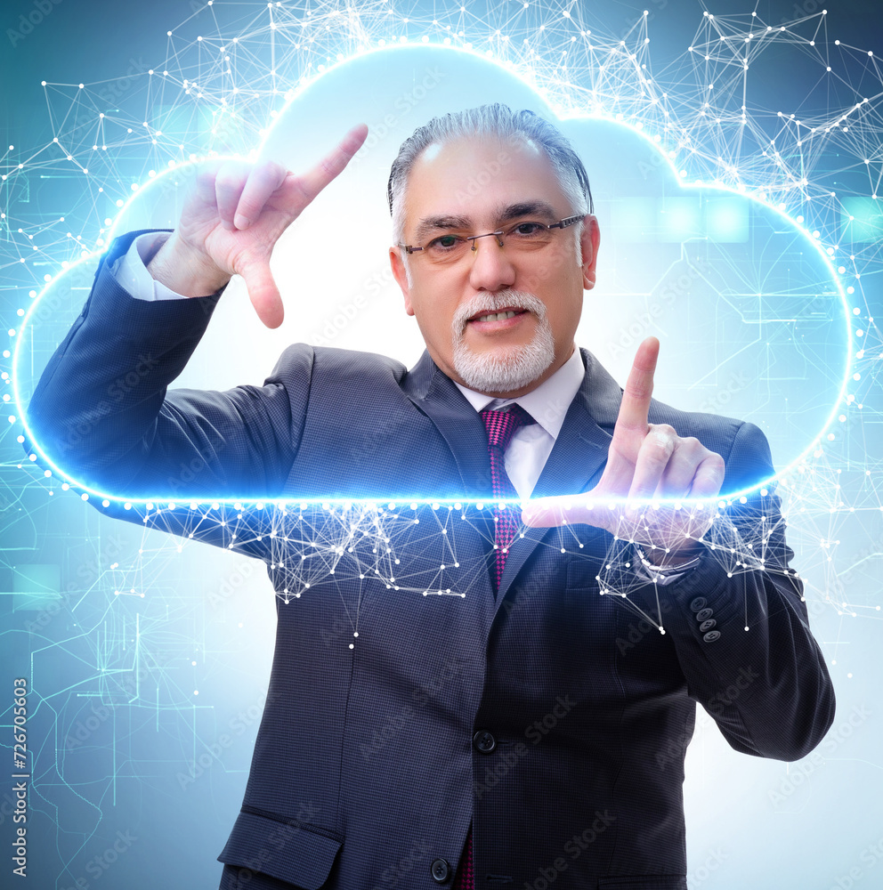 Poster cloud computing concept with woman pressing buttons