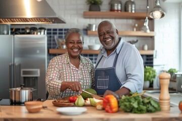 Senior happy smiling african american couple enjoying and cooking healthy dinner together on kitchen at home