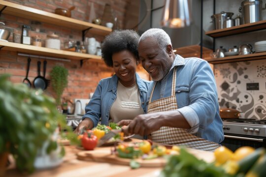 Senior happy smiling african american couple enjoying and cooking healthy dinner together on kitchen at home
