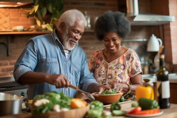 Senior happy smiling african american couple enjoying and cooking healthy dinner together on kitchen at home