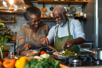 Senior happy smiling african american couple enjoying and cooking healthy dinner together on kitchen at home