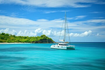 White catamaran on azure water against blue sky, beautiful green island in the background