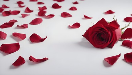 Macro of a red rose and petals on a white background, greetings card for valentine's day or weddings 