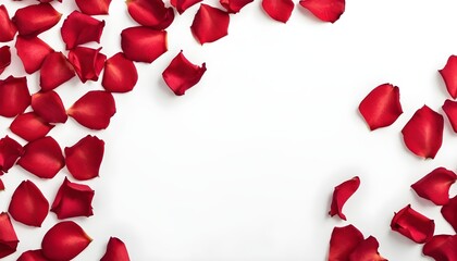 Valentines day background with red petals on white surface