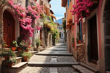 Fototapeta na wymiar Quaint old town street with beautiful flower adorned walls, perfect for a mediterranean sea getaway
