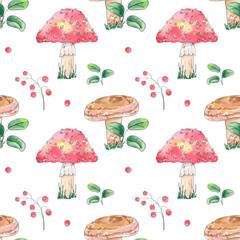 Mashrooms watercolor berry leaves seamless pattern hand drawn in botanical style. Nature print for design postcard, poster, wallpaper, textile