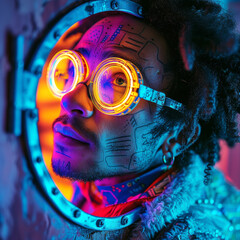 Cyberpunk Man with Glowing Eyewear.
A man adorned with cyberpunk tattoos and glowing circular eyewear in a neon-lit environment.