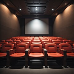 Fototapeta premium empty cinema hall, Cinema seats with spotlight and blank screen, Movie theater with rows of red empty chairs and spotlight, cinema hall seats