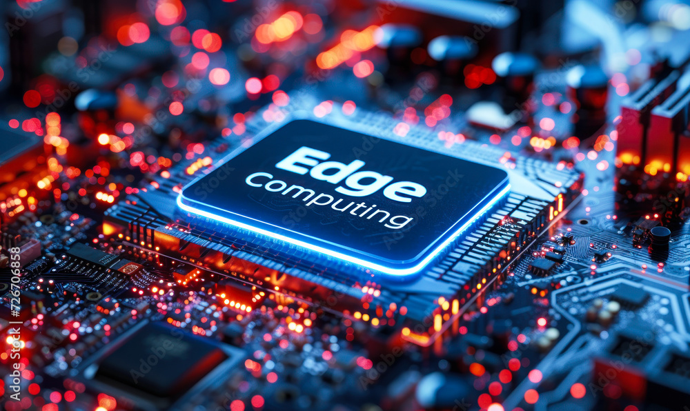 Poster edge computing concept highlighted on a motherboard, illustrating advanced data processing technolog