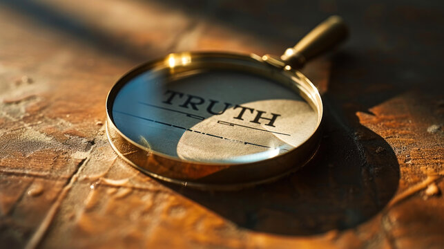 Vintage magnifying glass lying on rough surface focusing on the word TRUTH, depicting the search for facts, clues, and honest investigation