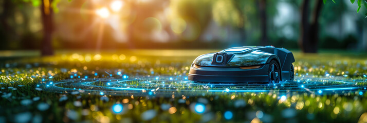 Futuristic robotic lawnmower operating on a vibrant green lawn with glowing blue lights, providing an eco-friendly landscaping solution in a serene forest setting at sunrise