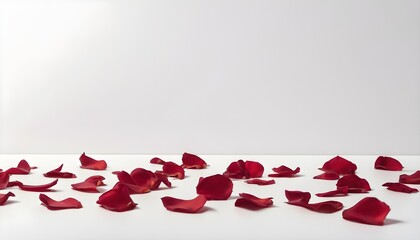 Macro of red rose petals falled on white polished surface, greetings card for valentine's day or weddings 