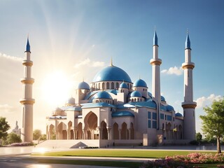 The beautiful shiny mosque and with beautiful sun light, landmark Generative Ai - obrazy, fototapety, plakaty