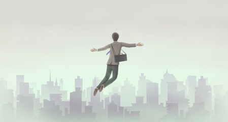 Fototapeta na wymiar Success, business, freedom and dream concept art. Man flying and the city. conceptual artwork. surreal illustration.