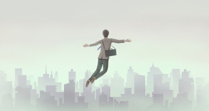 Success, business, freedom and dream concept art. Man flying and the city. conceptual artwork. surreal illustration.