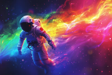 Fototapeta na wymiar Astronaut Dancing in Cosmic Nebula. An astronaut caught in an elegant dance amidst the colors of a cosmic nebula.