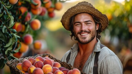The farmer is pleased with the harvest of peaches. A happy and joyful portrait against the backdrop of the fruit orchard.