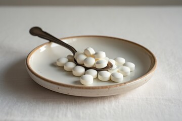 A close-up shot of various tablets arranged on a plate, emphasizing the concept of excessive medication use. This image depicts the potential dangers associated with the overuse of medication.