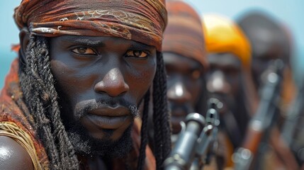 Fototapeta na wymiar Close-up of african pirates with firearms preparing to attack merchant ship