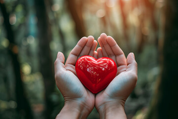 A person's hands holding a red heart in the forest