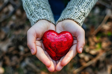 a pair of hands holding a vibrant red heart-shaped object set against a natural backdrop