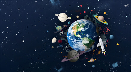 Globe surrounded by space-themed elements. International Day of Human Space Flight. Banner with copy space - obrazy, fototapety, plakaty