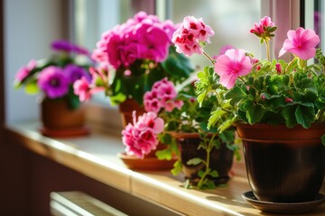 Colorful Potted Flowers Adorning Window Sill