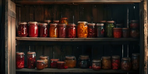 Assorted homemade preserves on rustic wooden shelves. canned fruits and vegetables. vintage pantry storage look capturing self-sufficiency culture. AI
