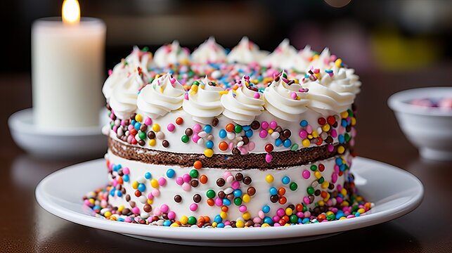 Delicious decorated cake with lit candles, perfect for celebrating special occasions and events