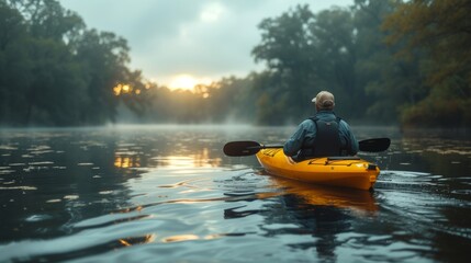 Man Kayaking Down River