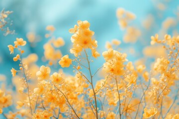 Delicate yellow flowers blooming vibrantly against a soft blue backdrop