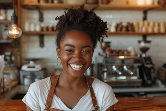 Happy African American barista with a welcoming smile in a rustic cafe setting